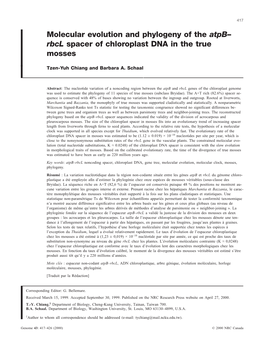 Molecular Evolution and Phylogeny of the Atpb– Rbcl Spacer of Chloroplast DNA in the True Mosses