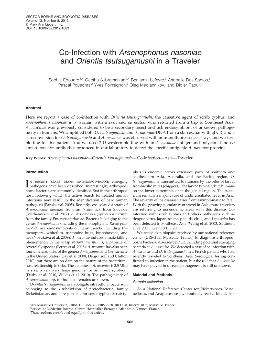 Co-Infection with Arsenophonus Nasoniae and Orientia Tsutsugamushi in a Traveler