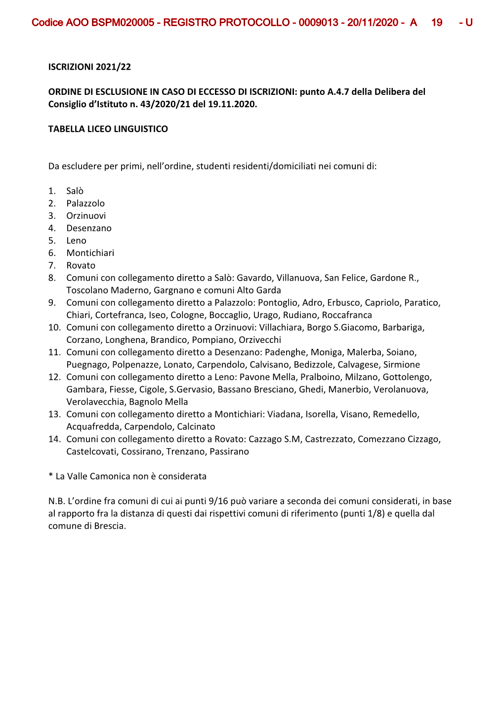 ISCRIZIONI 2021/22 ORDINE DI ESCLUSIONE in CASO DI ECCESSO DI ISCRIZIONI: Punto A.4.7 Della Delibera Del Consiglio D'istituto