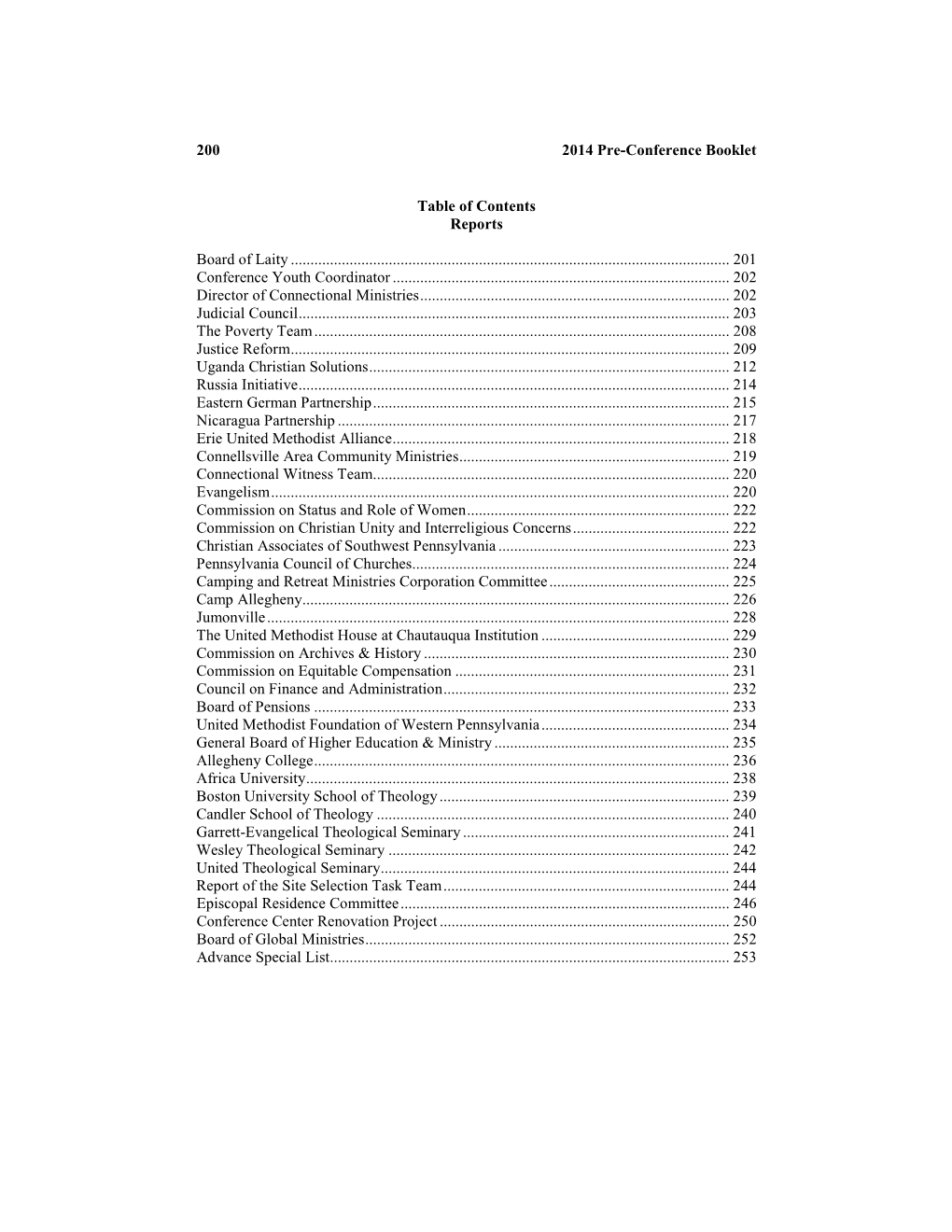 200 2014 Pre-Conference Booklet Table Of