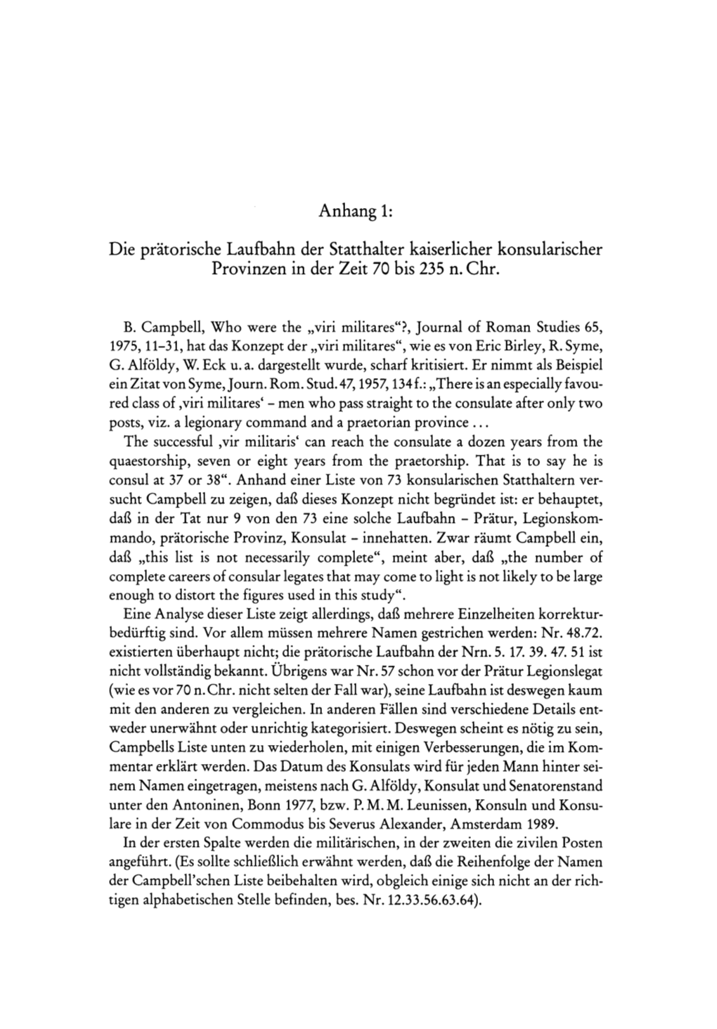 Anhang 1: Die Pratorische Laufbahn Cler Statthalter Kaiserlicher