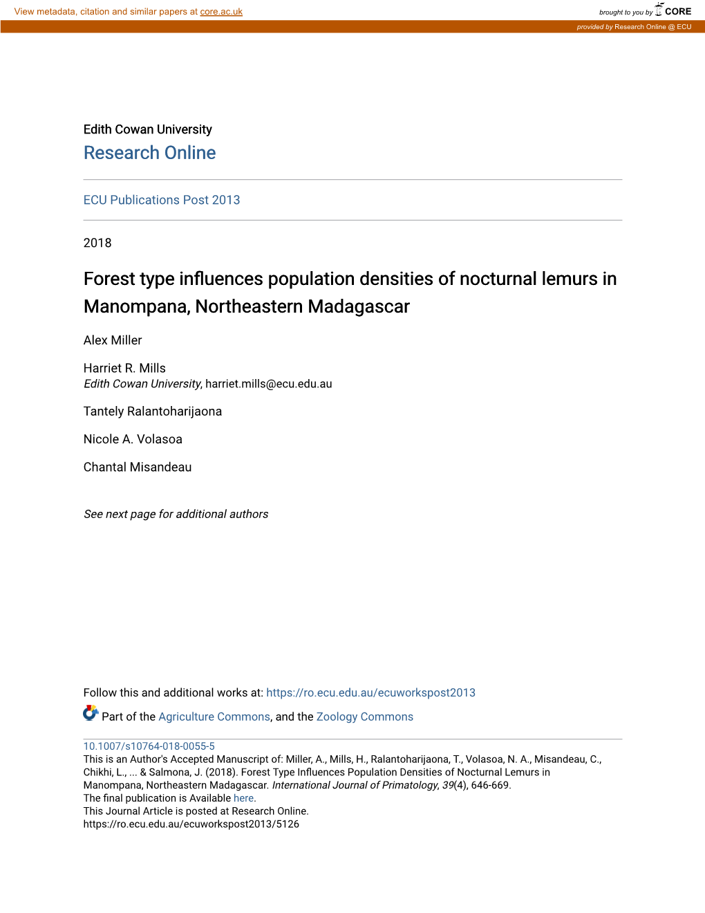 Forest Type Influences Population Densities of Nocturnal Lemurs in Manompana, Northeastern Madagascar