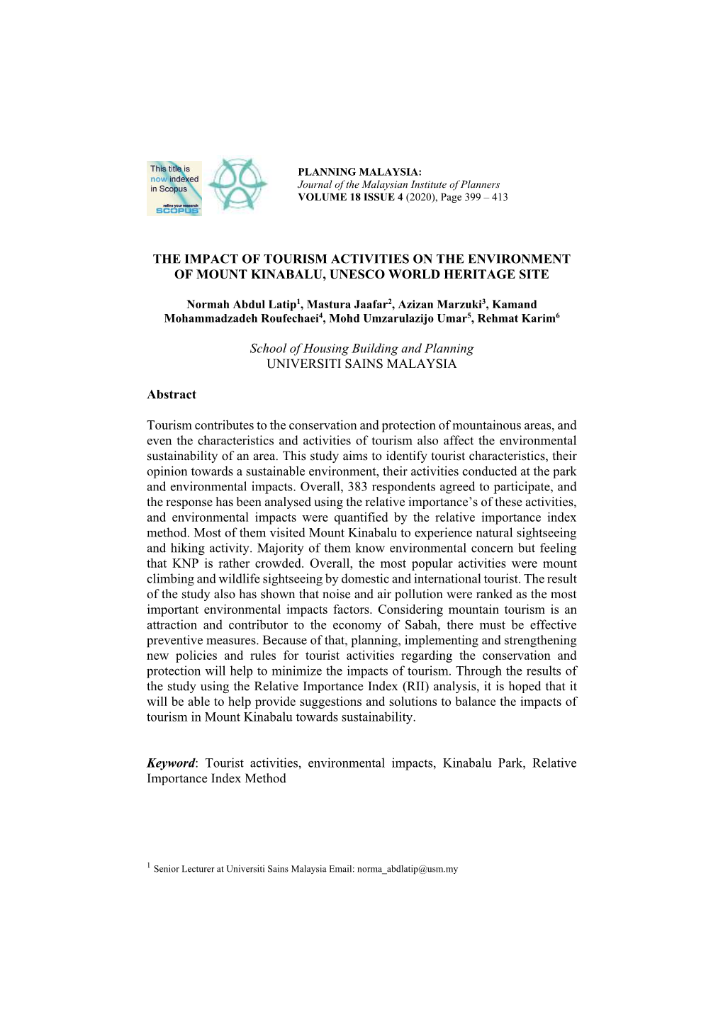 The Impact of Tourism Activities on the Environment of Mount Kinabalu, Unesco World Heritage Site