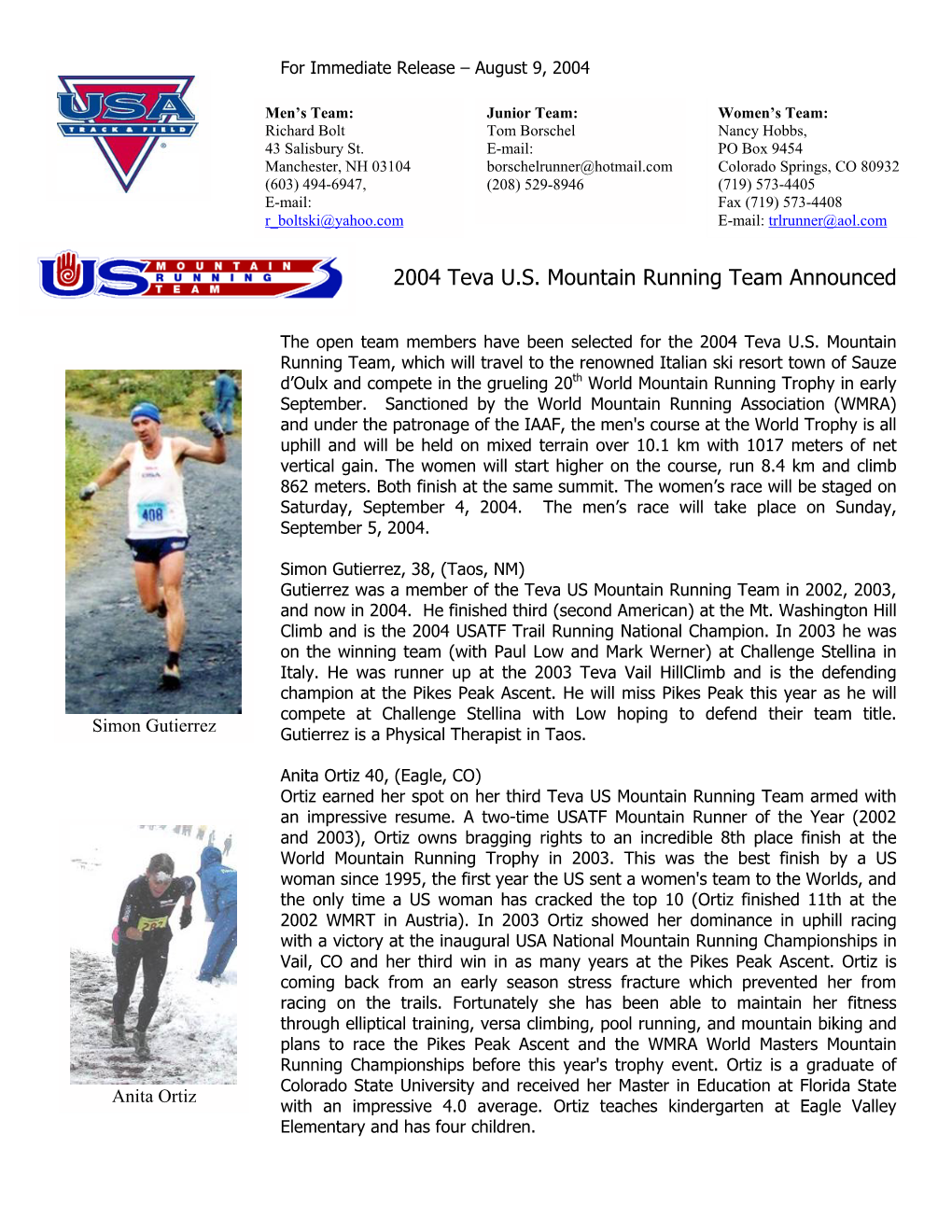 2004 Teva U.S. Mountain Running Team Announced