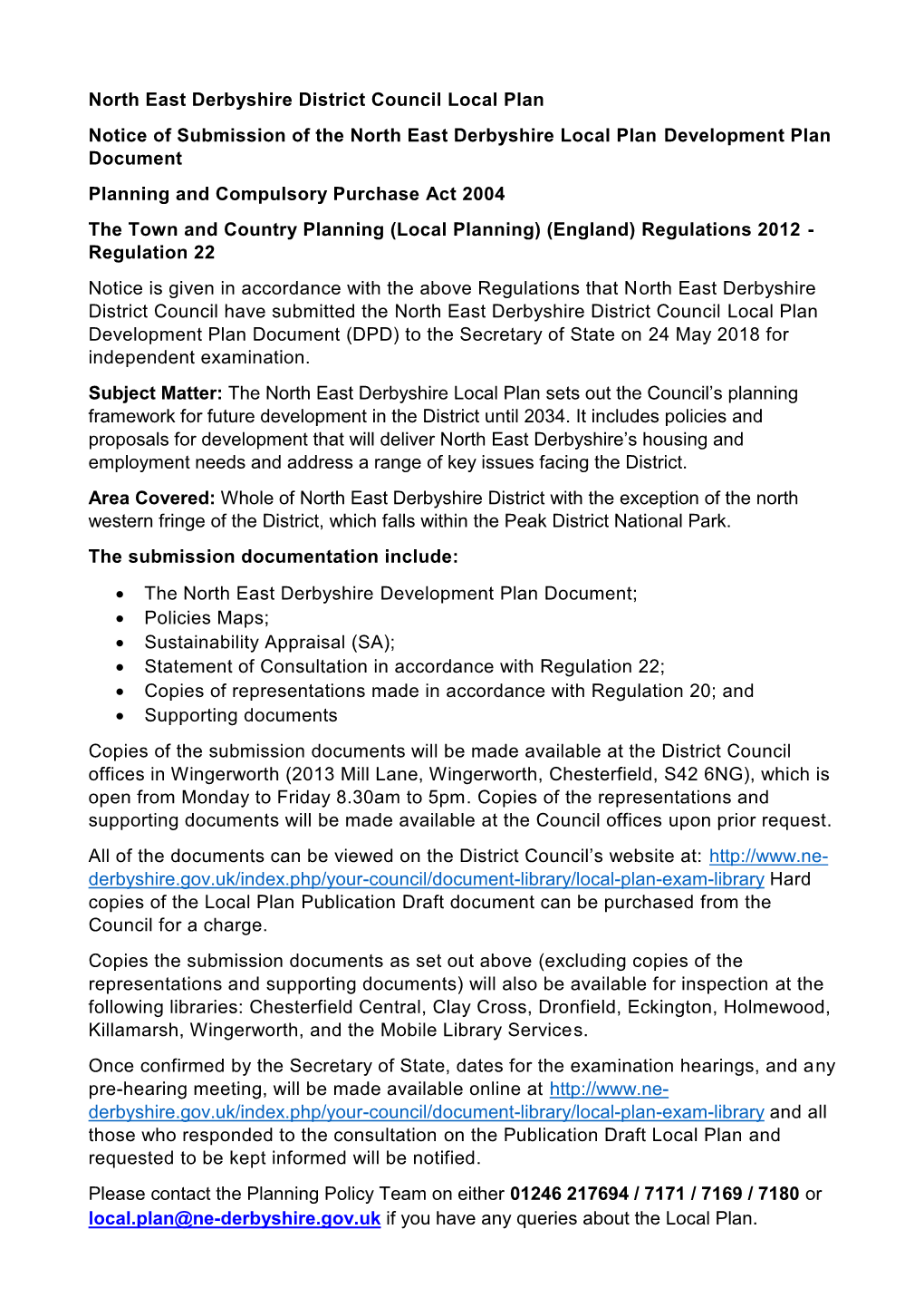 North East Derbyshire District Council Local Plan