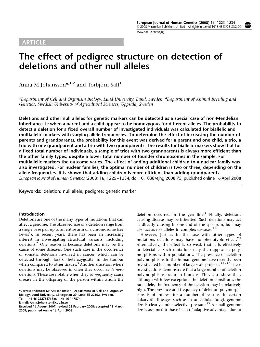 The Effect of Pedigree Structure on Detection of Deletions and Other Null Alleles