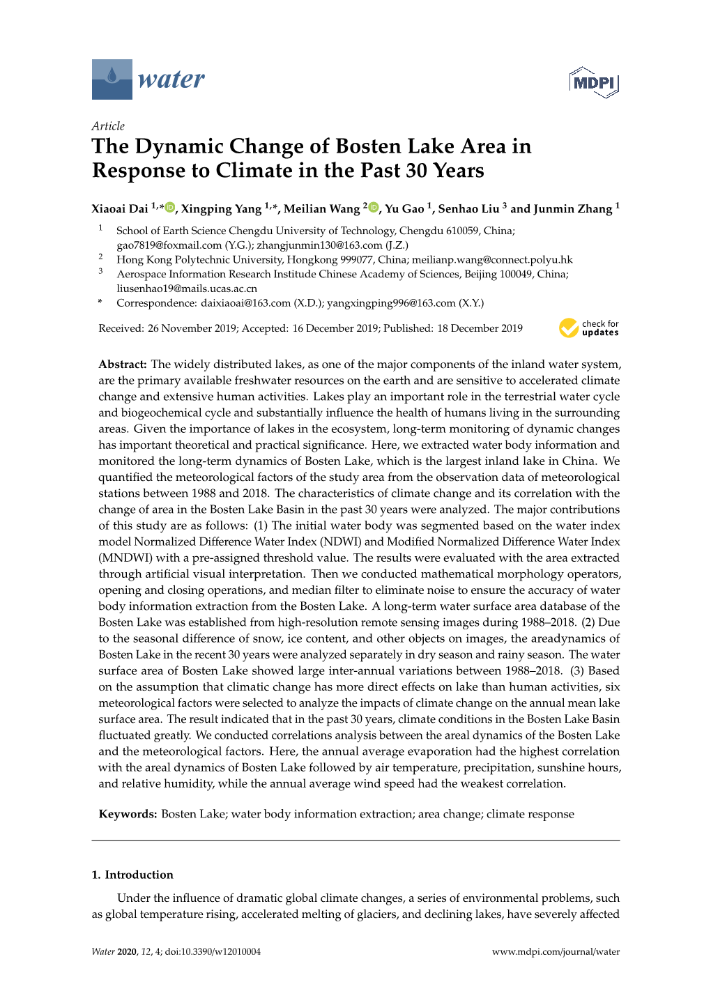 The Dynamic Change of Bosten Lake Area in Response to Climate in the Past 30 Years