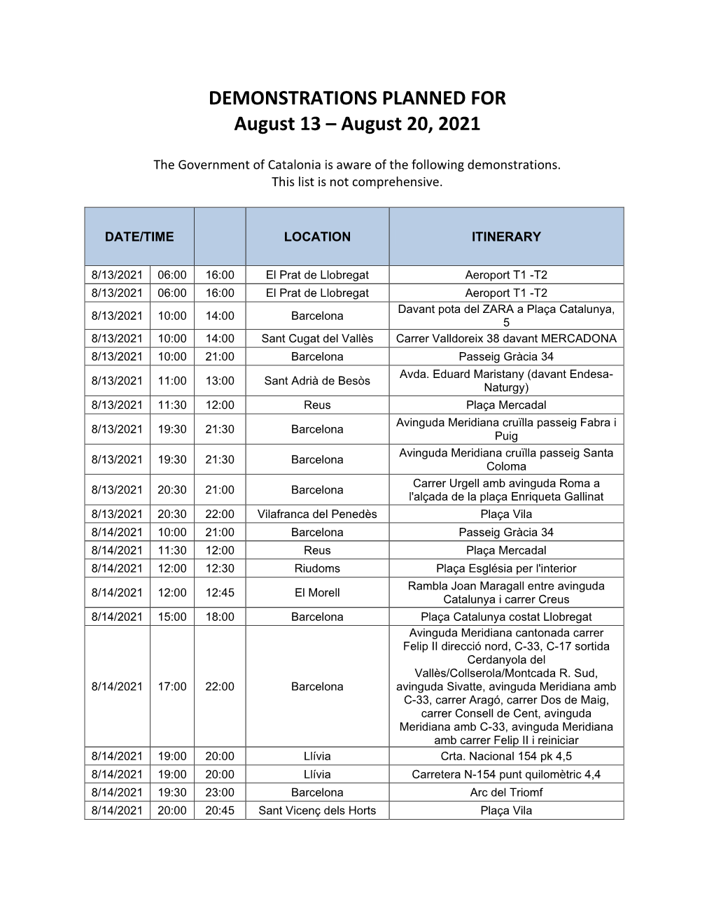 DEMONSTRATIONS PLANNED for August 13 – August 20, 2021