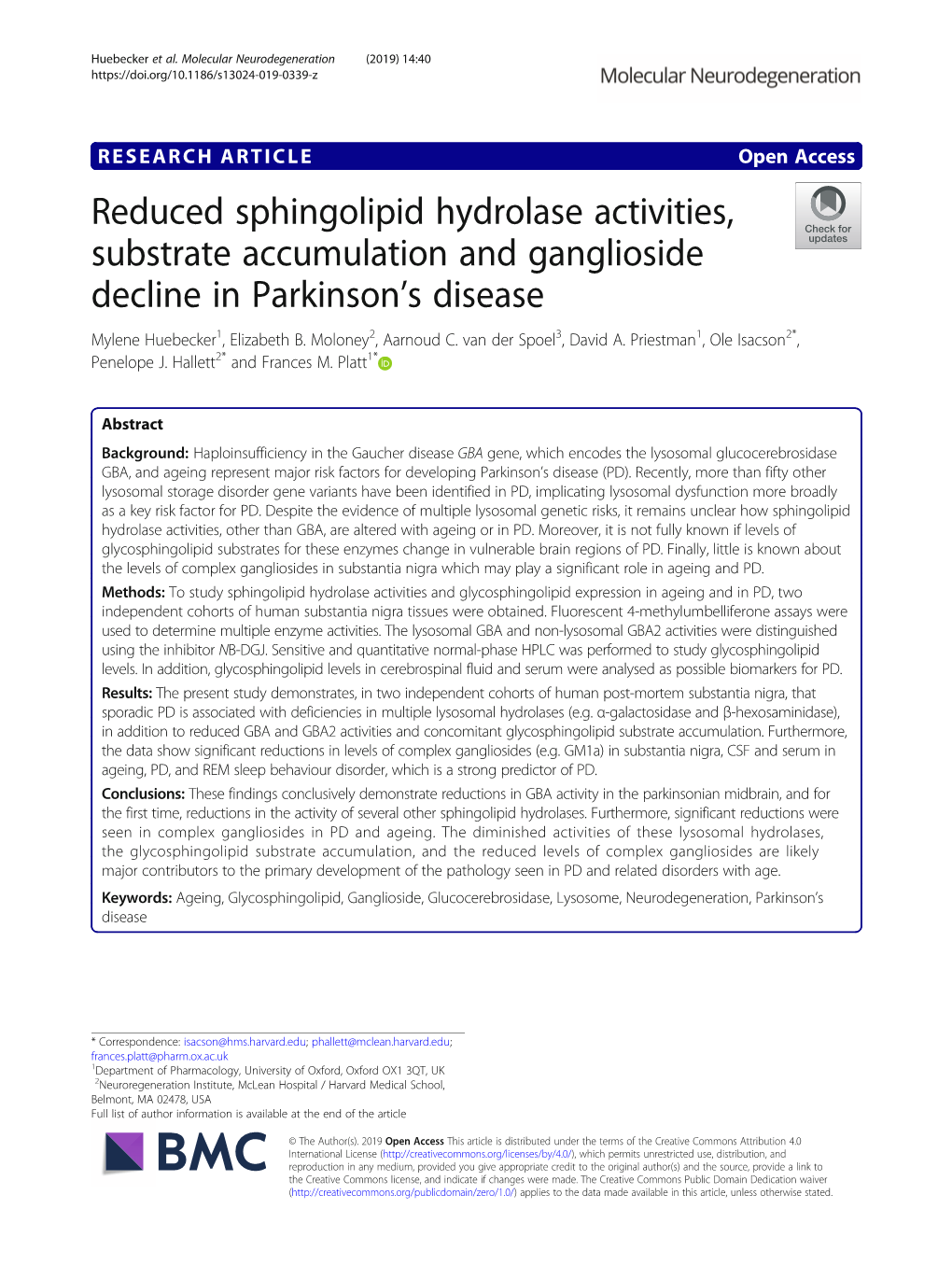 Reduced Sphingolipid Hydrolase Activities, Substrate Accumulation and Ganglioside Decline in Parkinson's Disease