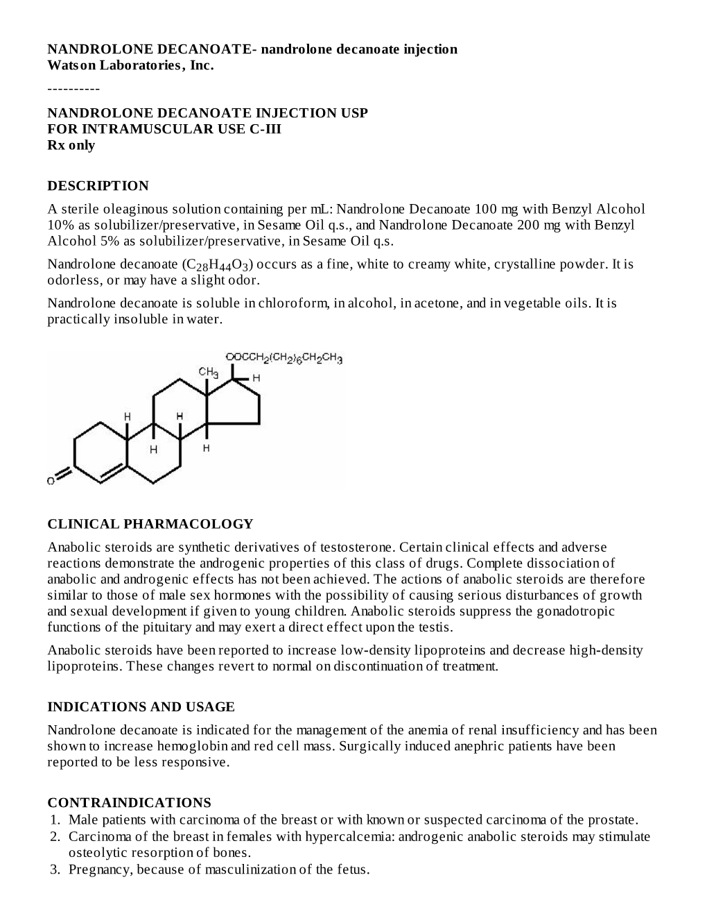 NANDROLONE DECANOATE INJECTION USP for INTRAMUSCULAR USE C-III Rx Only