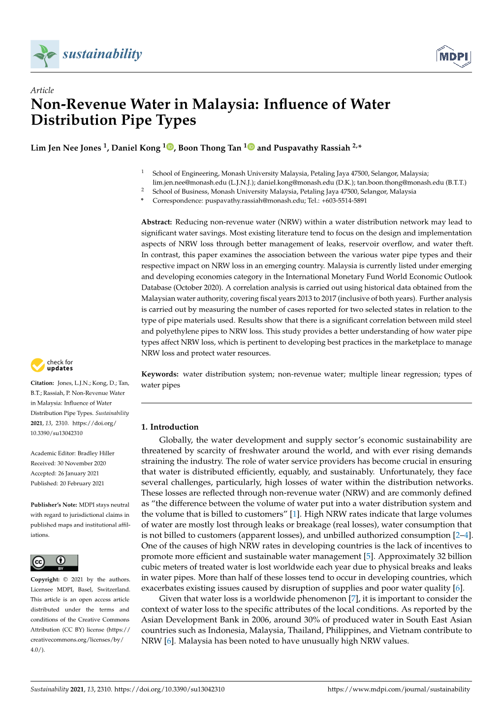 Non-Revenue Water in Malaysia: Influence of Water Distribution Pipe