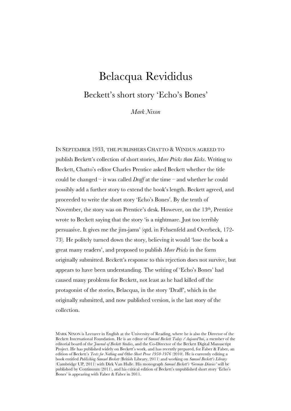 Belacqua Revididus Beckett’S Short Story ‘Echo’S Bones’