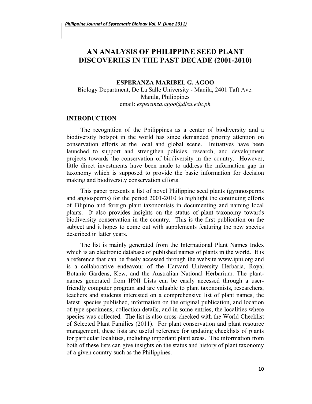 An Analysis of Philippine Seed Plant Discoveries in the Past Decade (2001-2010)