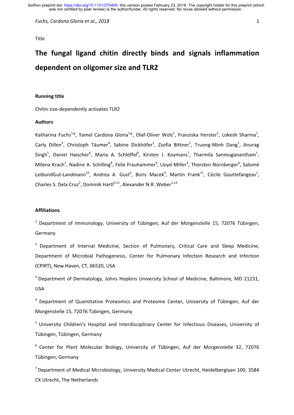 The Fungal Ligand Chitin Directly Binds and Signals Inflammation Dependent on Oligomer Size and TLR2