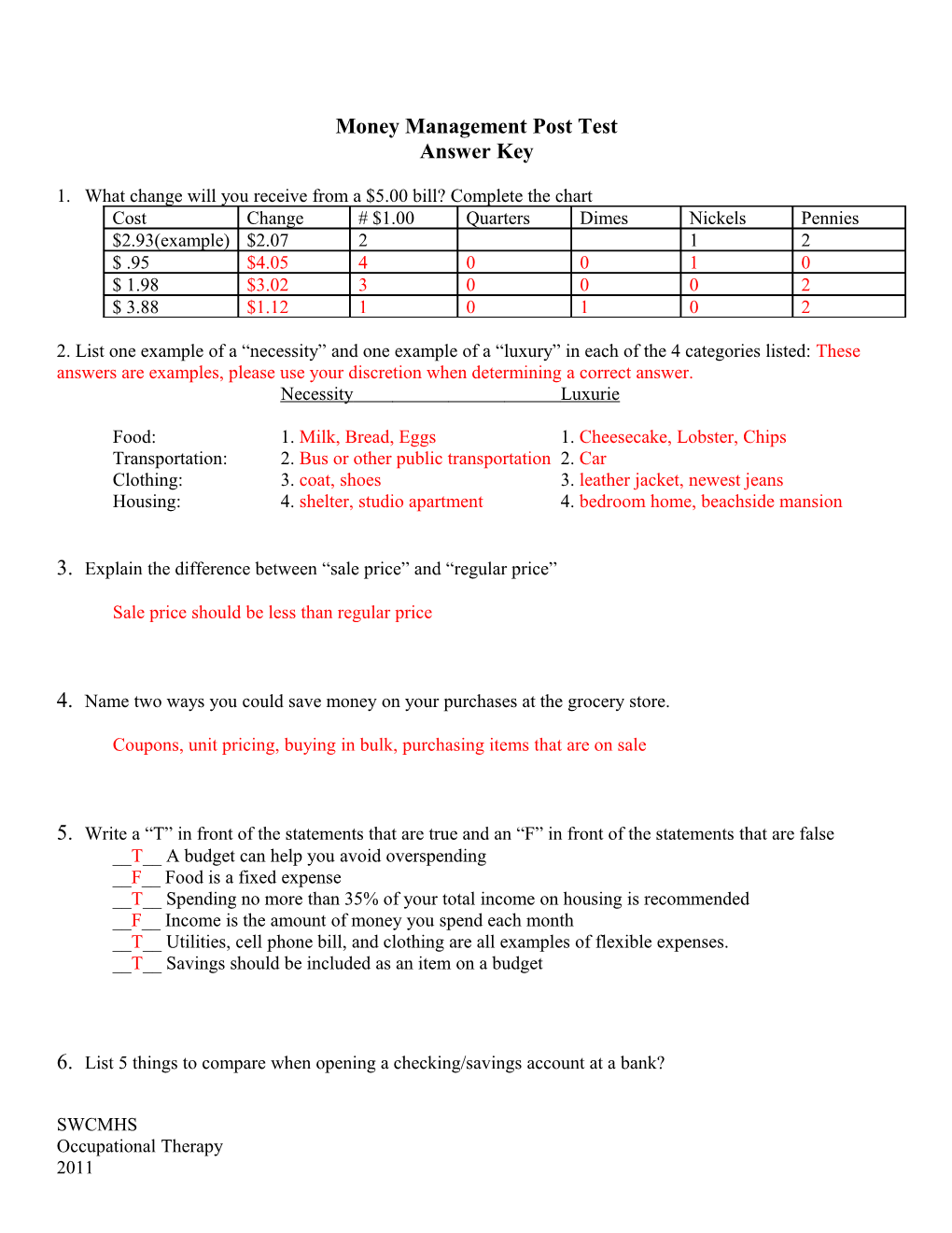 Basic Money Management Pre/Post Test