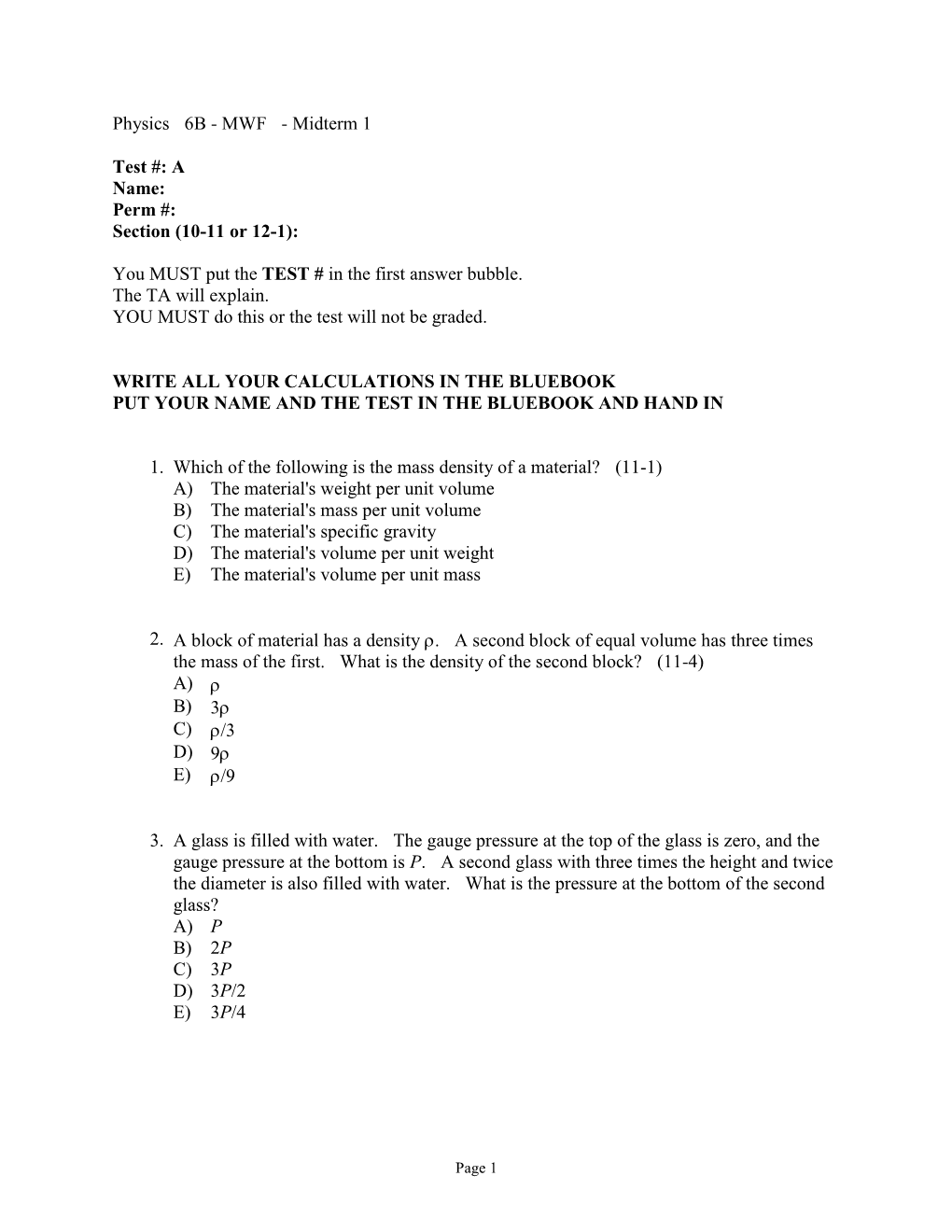 Physics 6B - MWF - Midterm 1