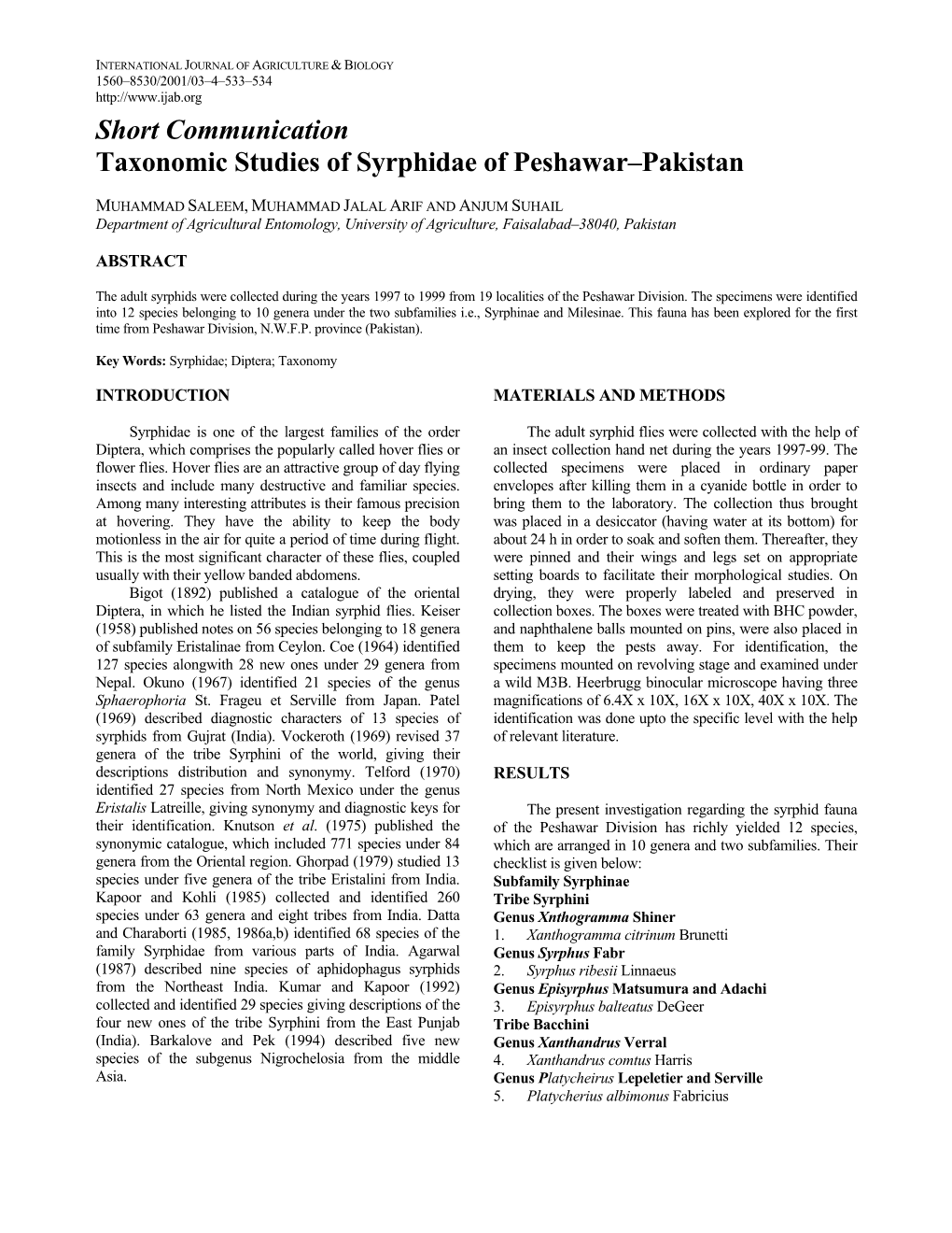 Short Communication Taxonomic Studies of Syrphidae of Peshawar–Pakistan