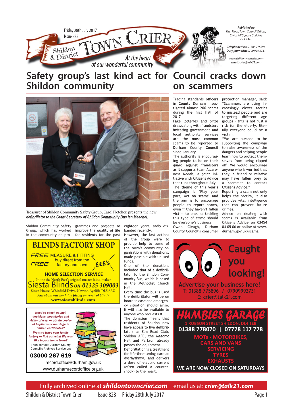 Town Crier Issue 828 Friday 28Th July 2017 Page 1 N Crier Shildon W Ict O Classifieds & Dist R T