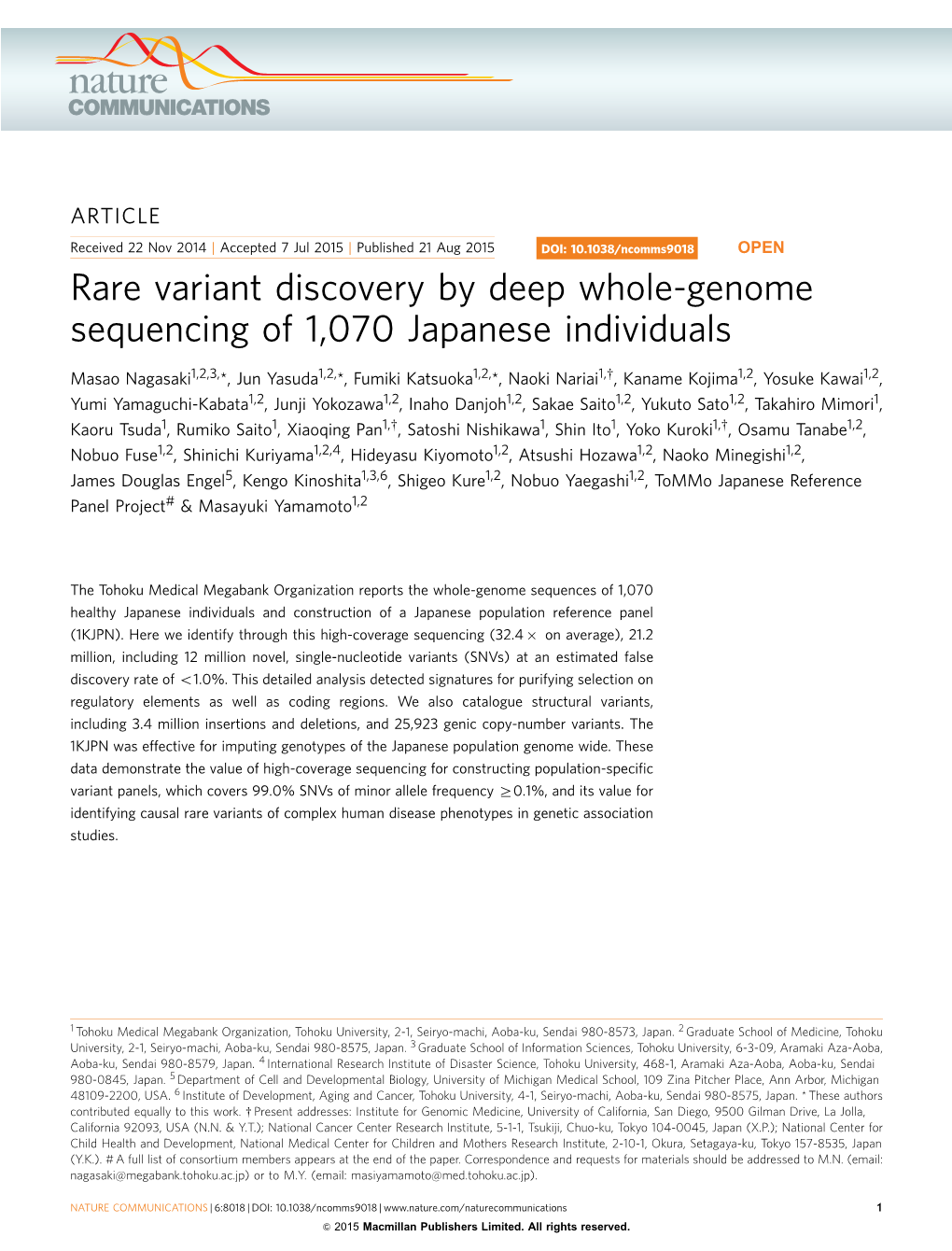 Rare Variant Discovery by Deep Whole-Genome Sequencing of 1,070 Japanese Individuals