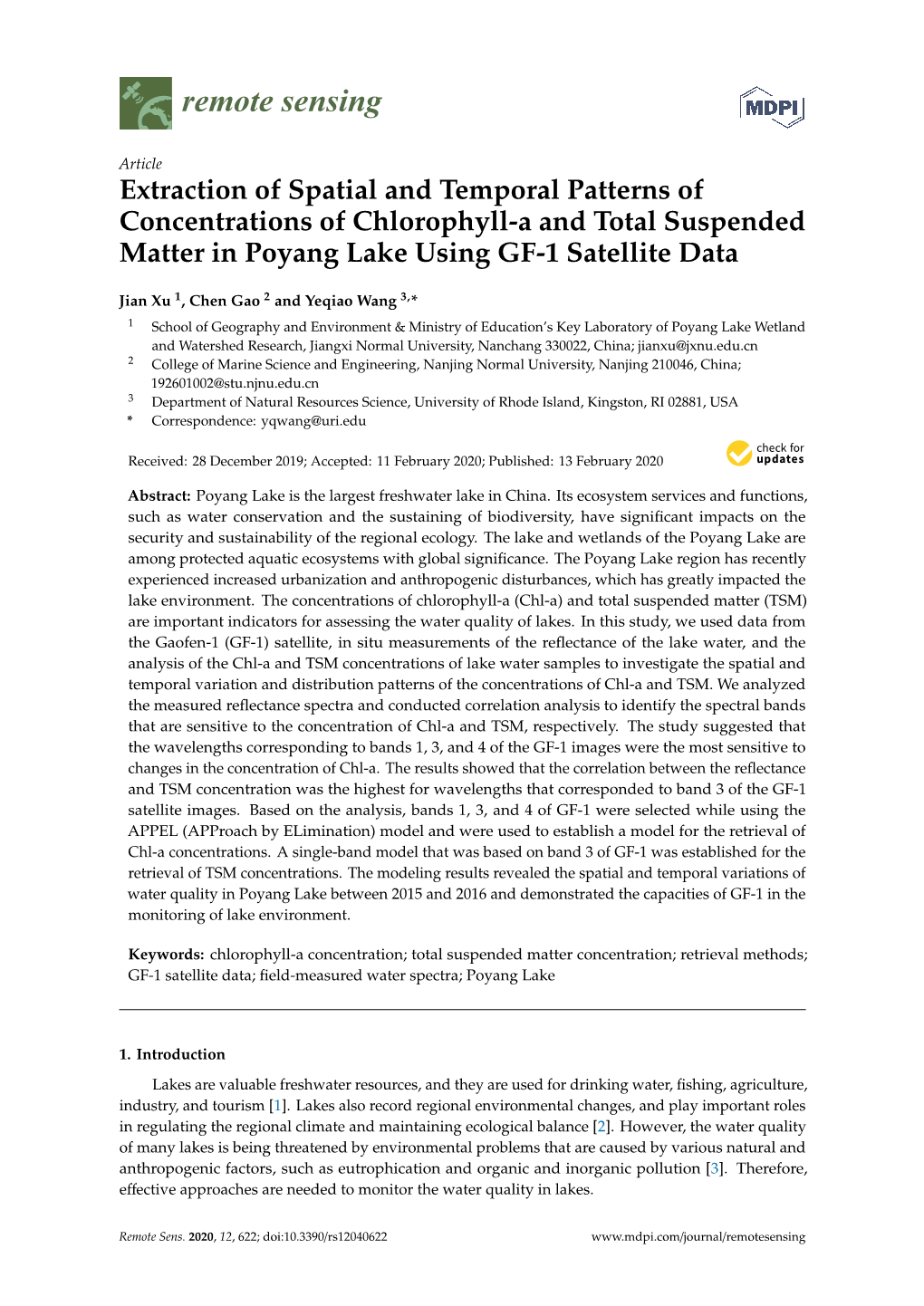 Extraction of Spatial and Temporal Patterns of Concentrations of Chlorophyll-A and Total Suspended Matter in Poyang Lake Using GF-1 Satellite Data