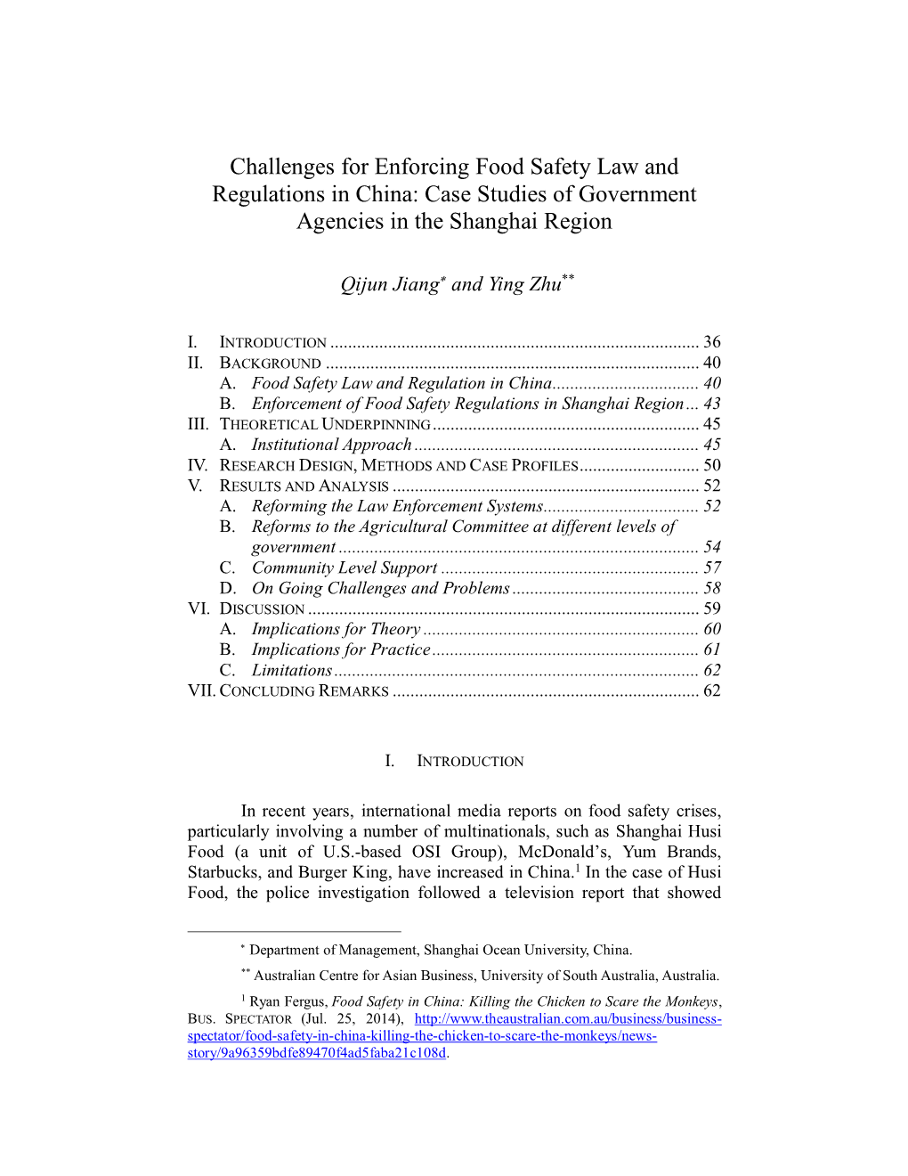 Challenges for Enforcing Food Safety Law and Regulations in China: Case Studies of Government Agencies in the Shanghai Region