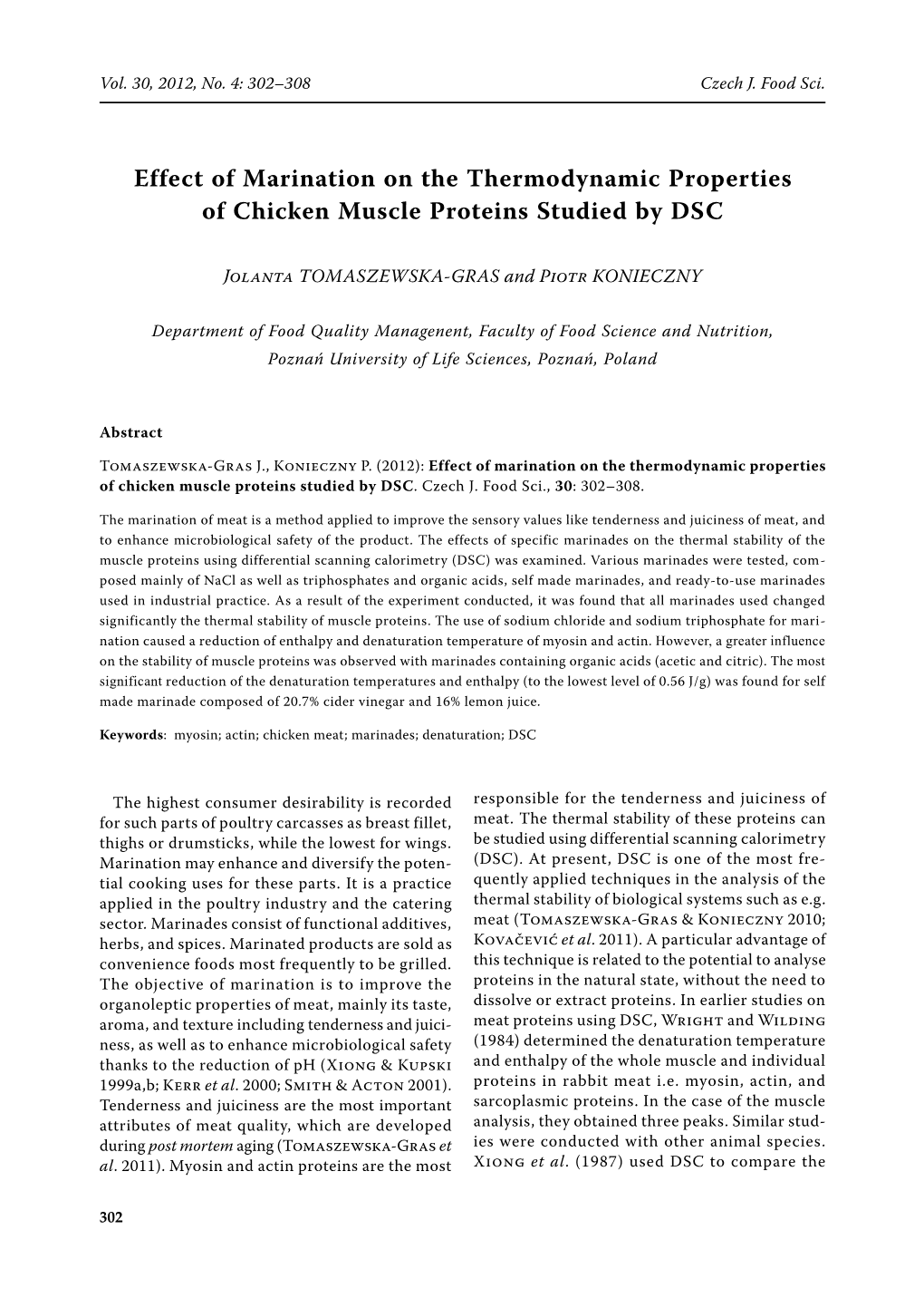 Effect of Marination on the Thermodynamic Properties of Chicken Muscle Proteins Studied by Dsc