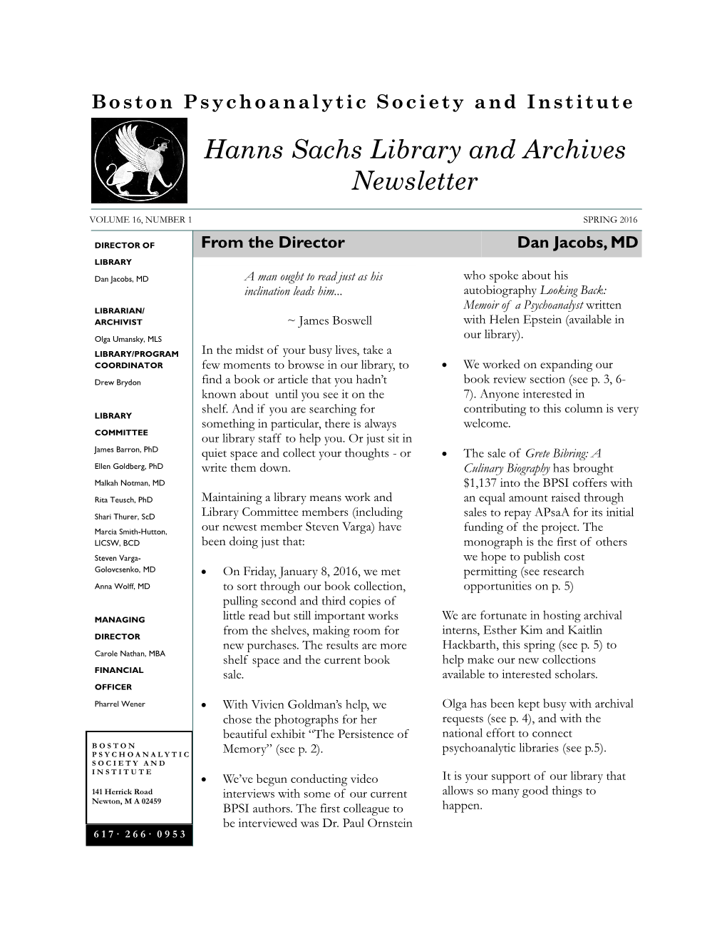 Hanns Sachs Library and Archives Newsletter