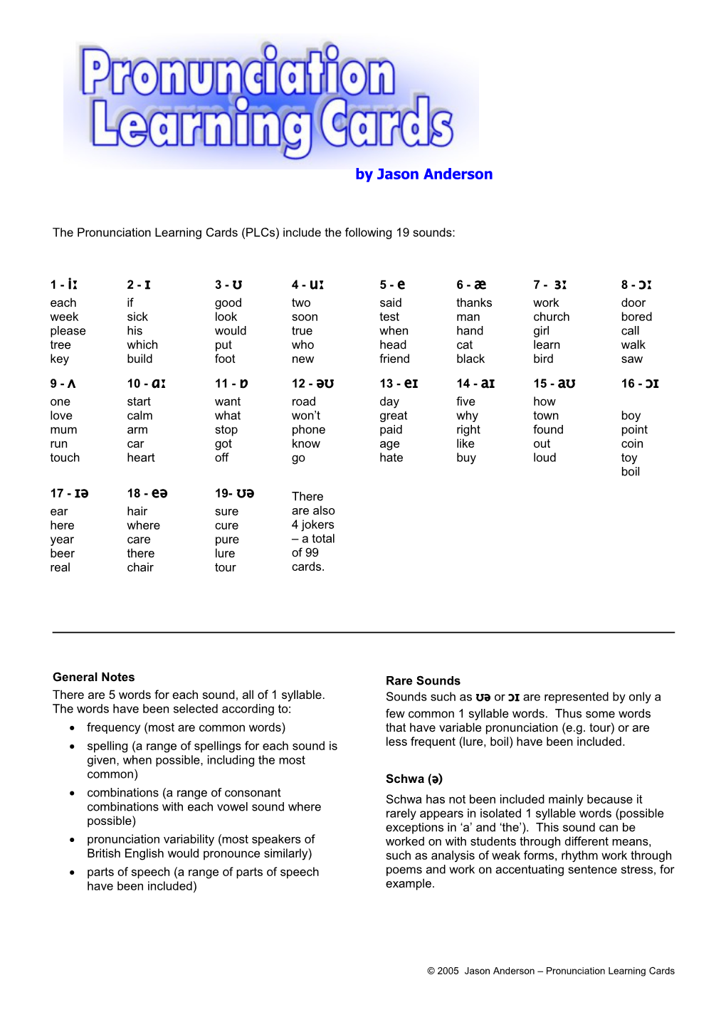 The Pronunciation Learning Cards (Plcs) Include the Following 19 Sounds