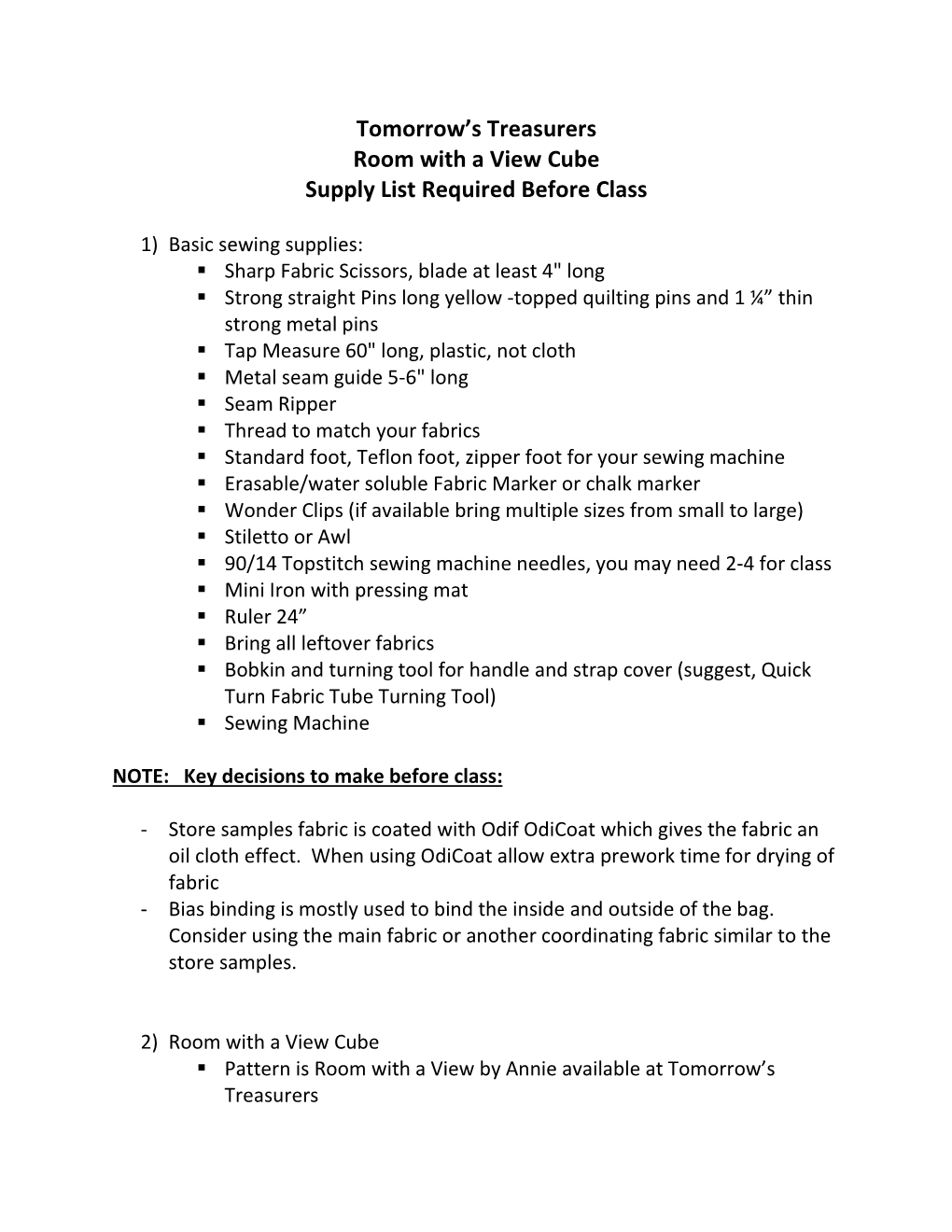 Tomorrow's Treasurers Room with a View Cube Supply List Required