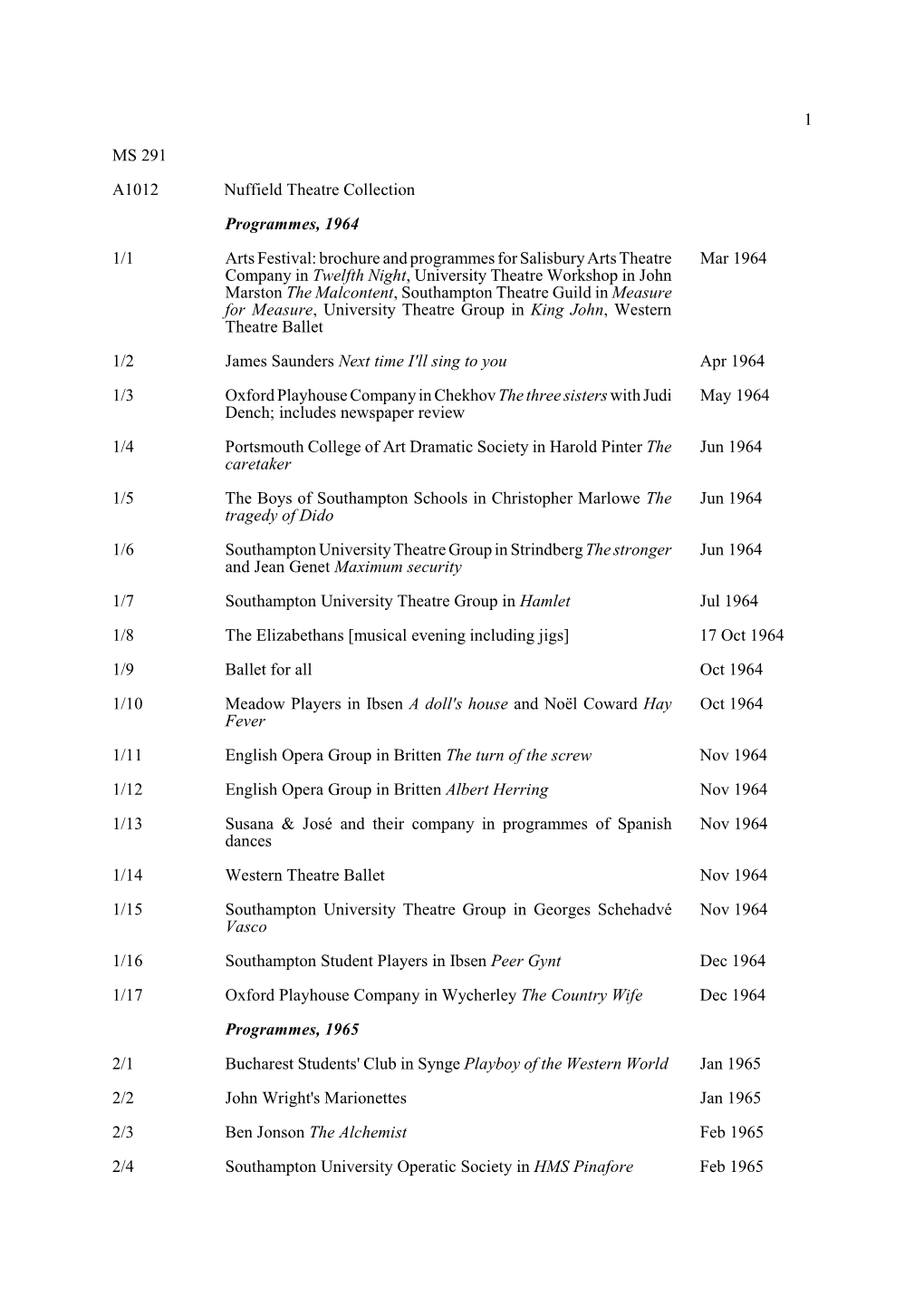 1 MS 291 A1012 Nuffield Theatre Collection Programmes, 1964 1/1