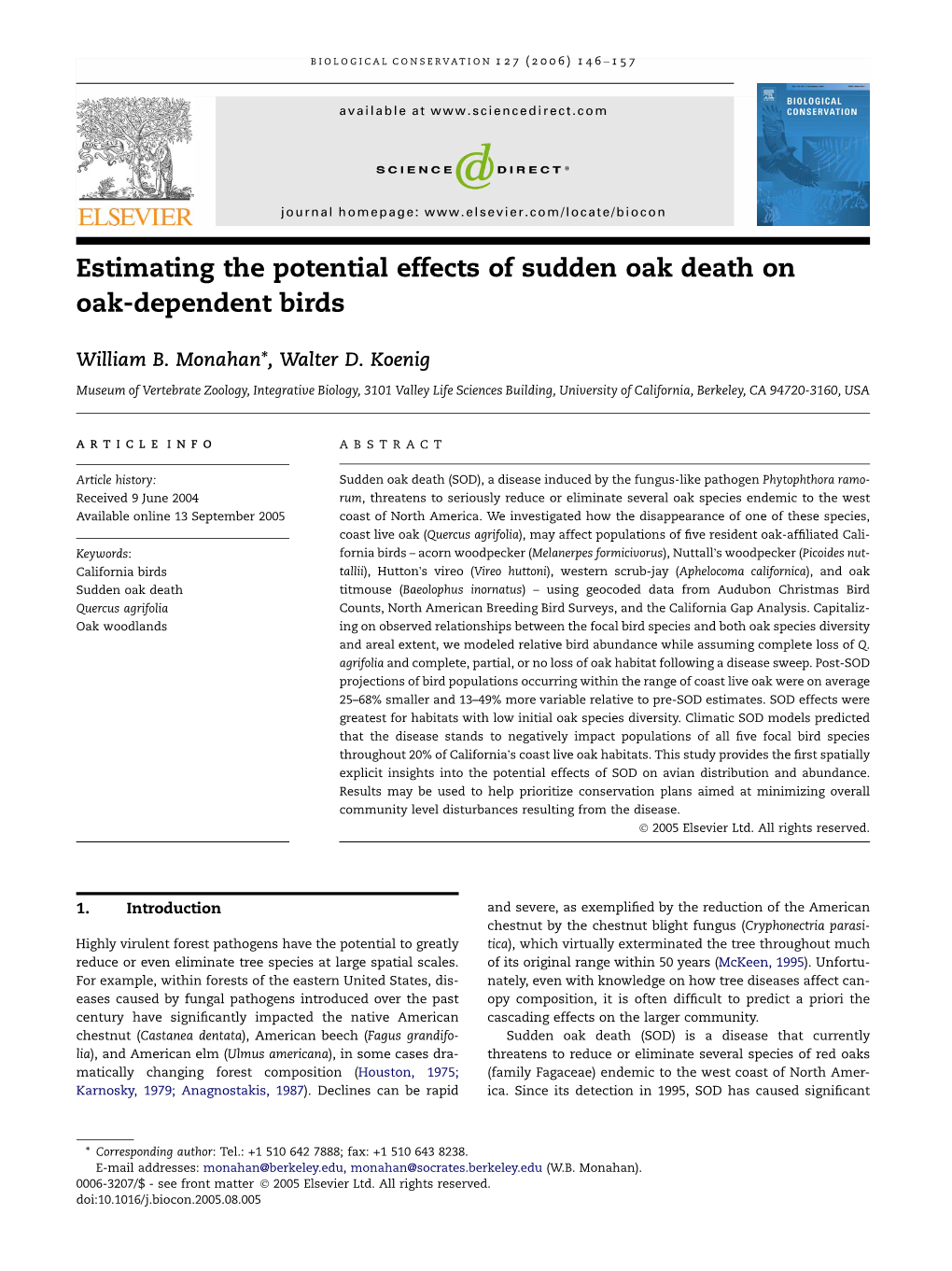 Estimating the Potential Effects of Sudden Oak Death on Oak-Dependent Birds