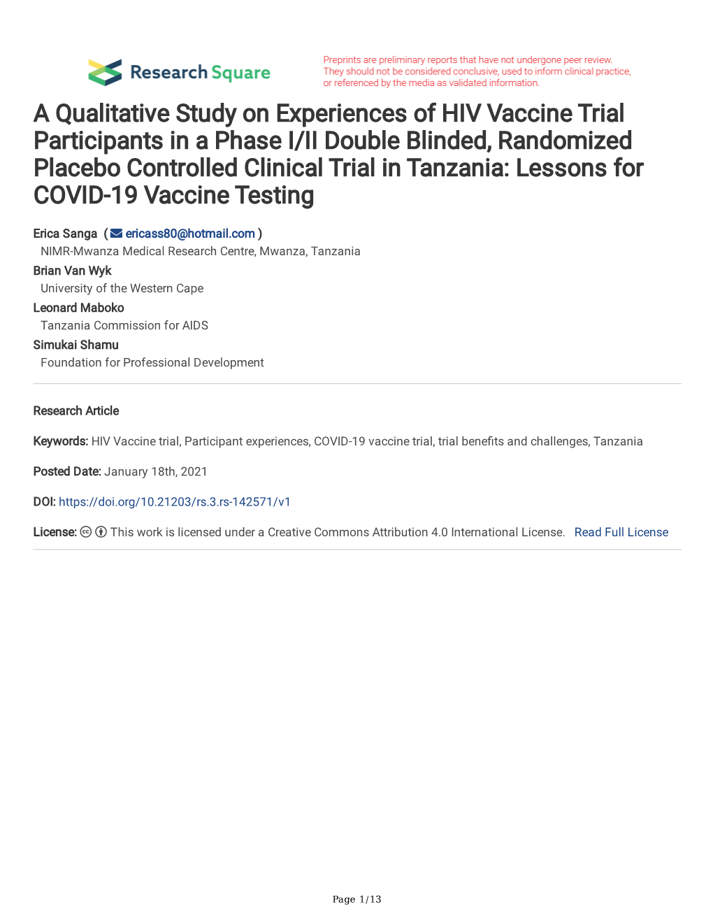 A Qualitative Study on Experiences of HIV Vaccine Trial