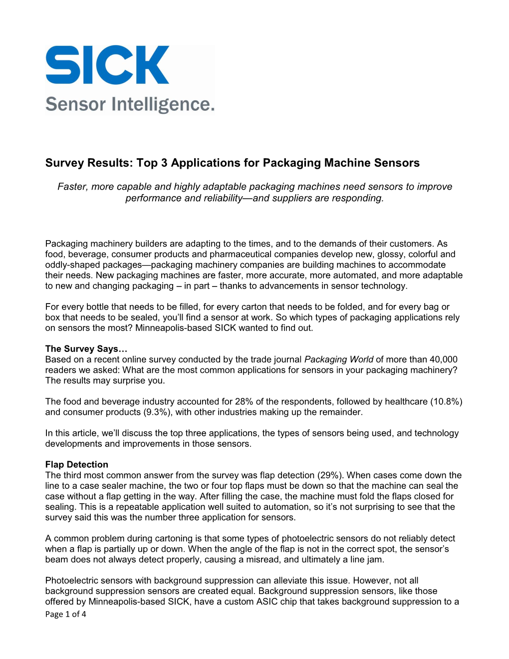 Survey Results: Top 3 Applications for Packaging Machine Sensors