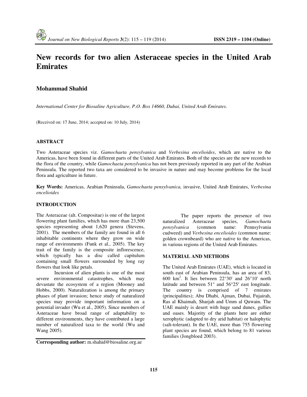 New Records for Two Alien Asteraceae Species in the United Arab Emirates