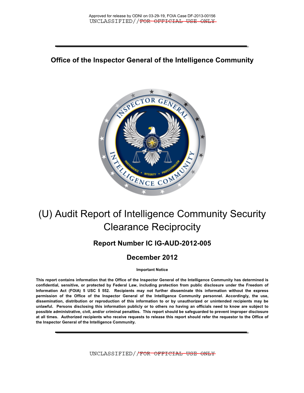 (U) Audit Report of Intelligence Community Security Clearance Reciprocity