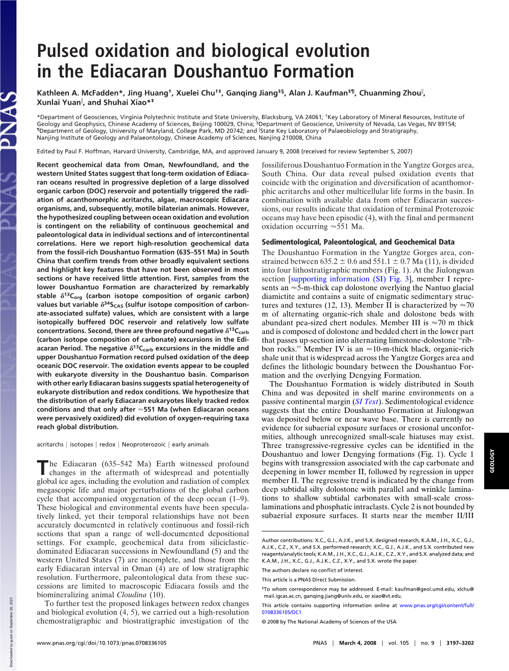 Pulsed Oxidation and Biological Evolution in the Ediacaran Doushantuo Formation