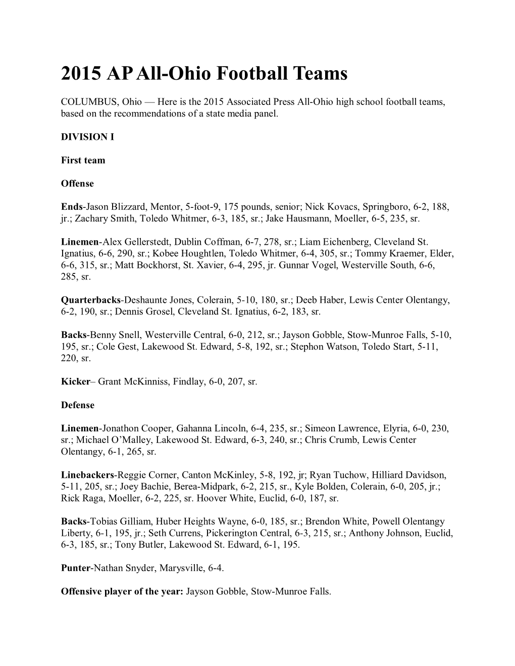 Complete 2015 AP All-Ohio Football Teams