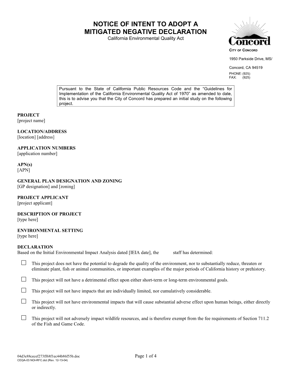 Planning Division Public Notice of Intent to Adopt a Negative Declaration of Environmental