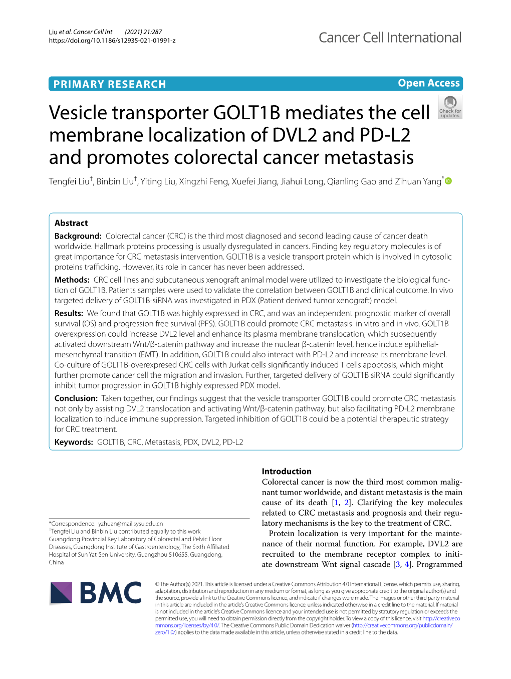 Vesicle Transporter GOLT1B Mediates the Cell Membrane Localization of DVL2 and PD-L2 and Promotes Colorectal Cancer Metastasis