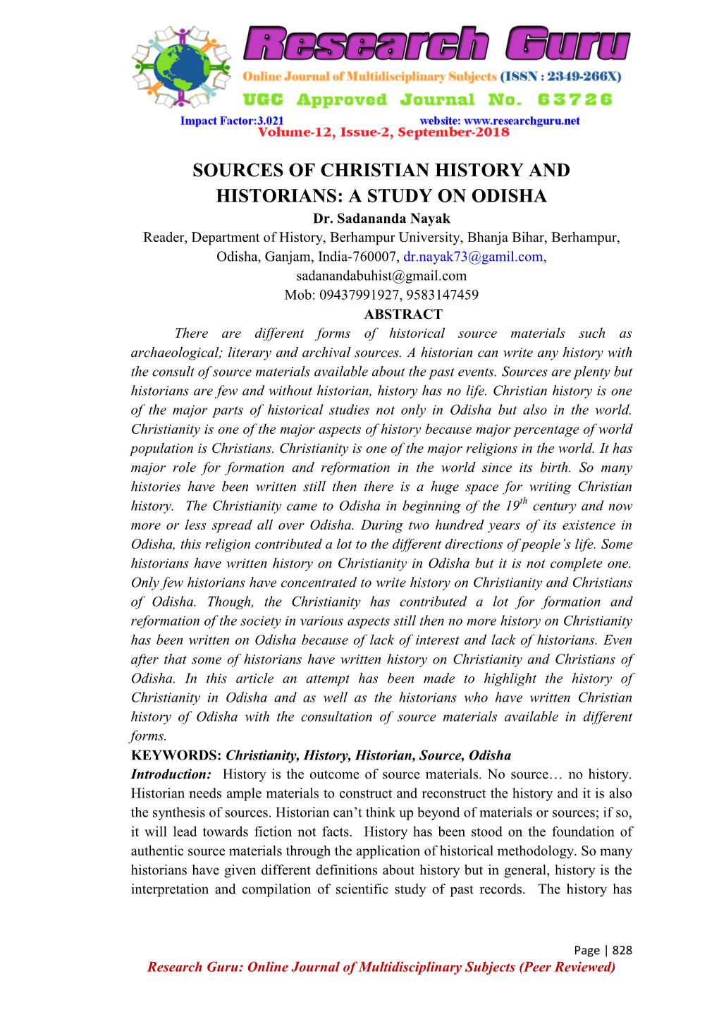 SOURCES of CHRISTIAN HISTORY and HISTORIANS: a STUDY on ODISHA Dr