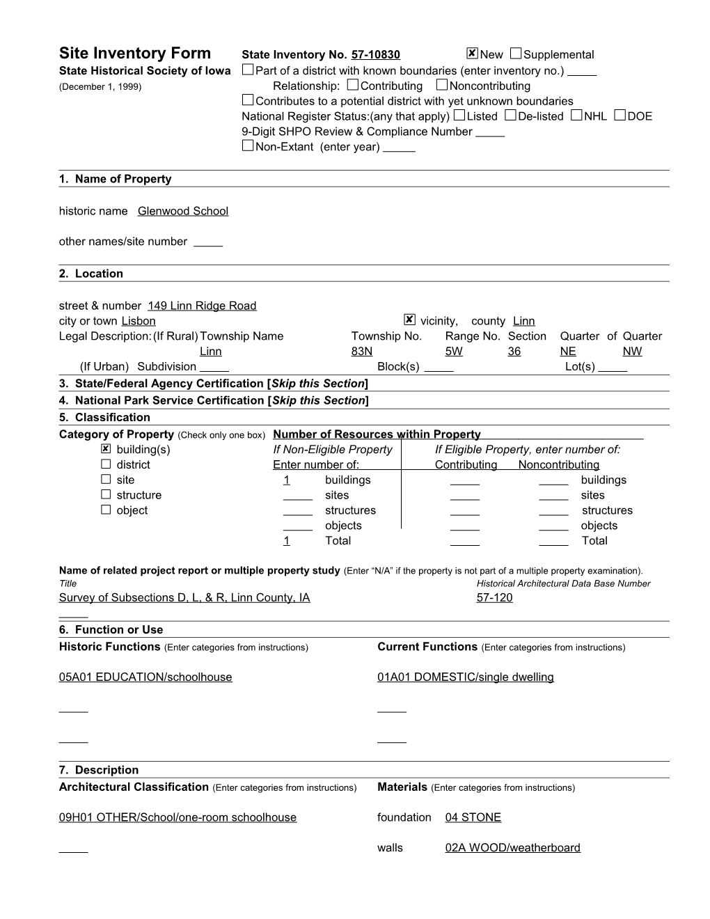 Site Inventory Form	State Inventory No