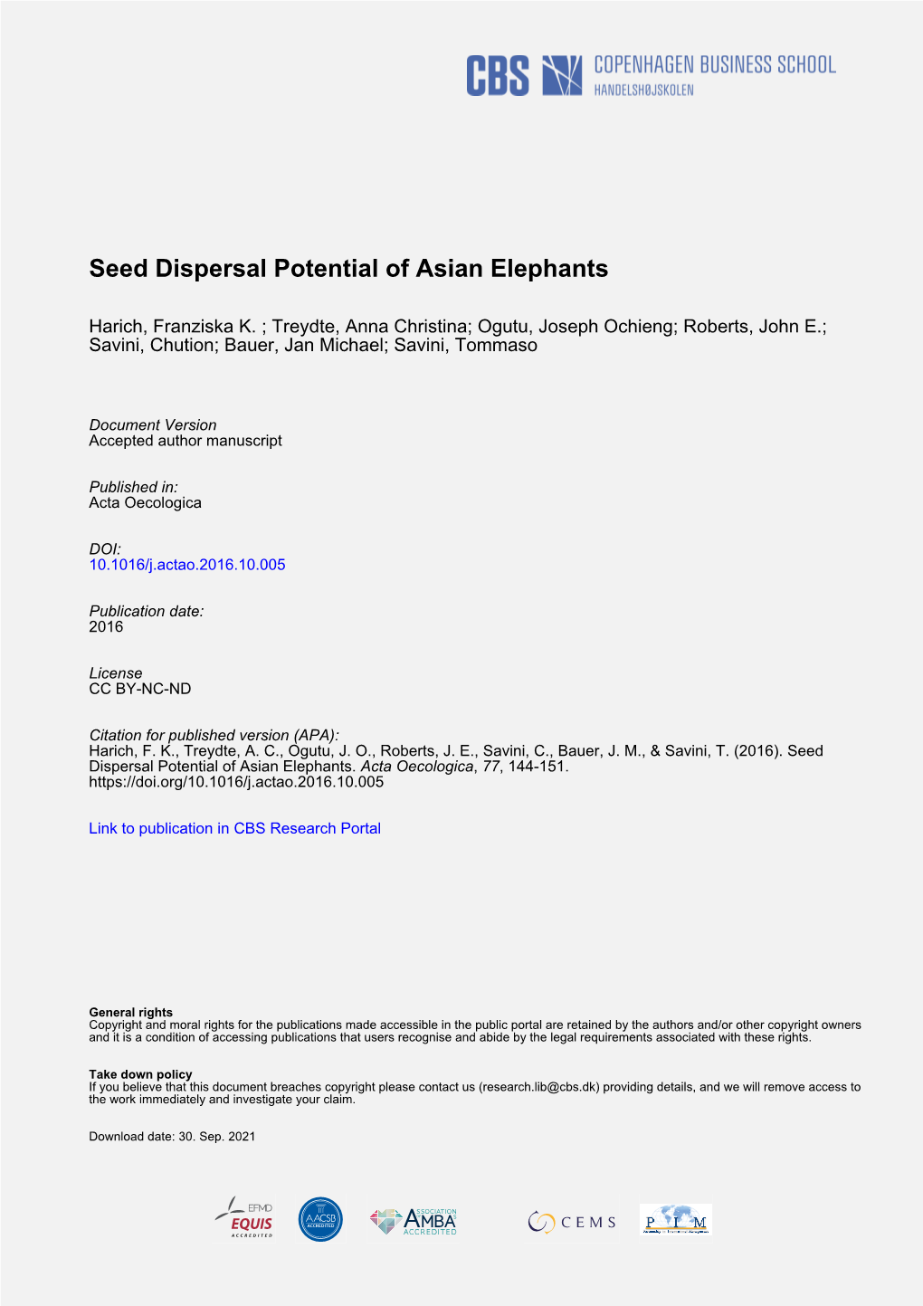Seed Dispersal Potential of Asian Elephants
