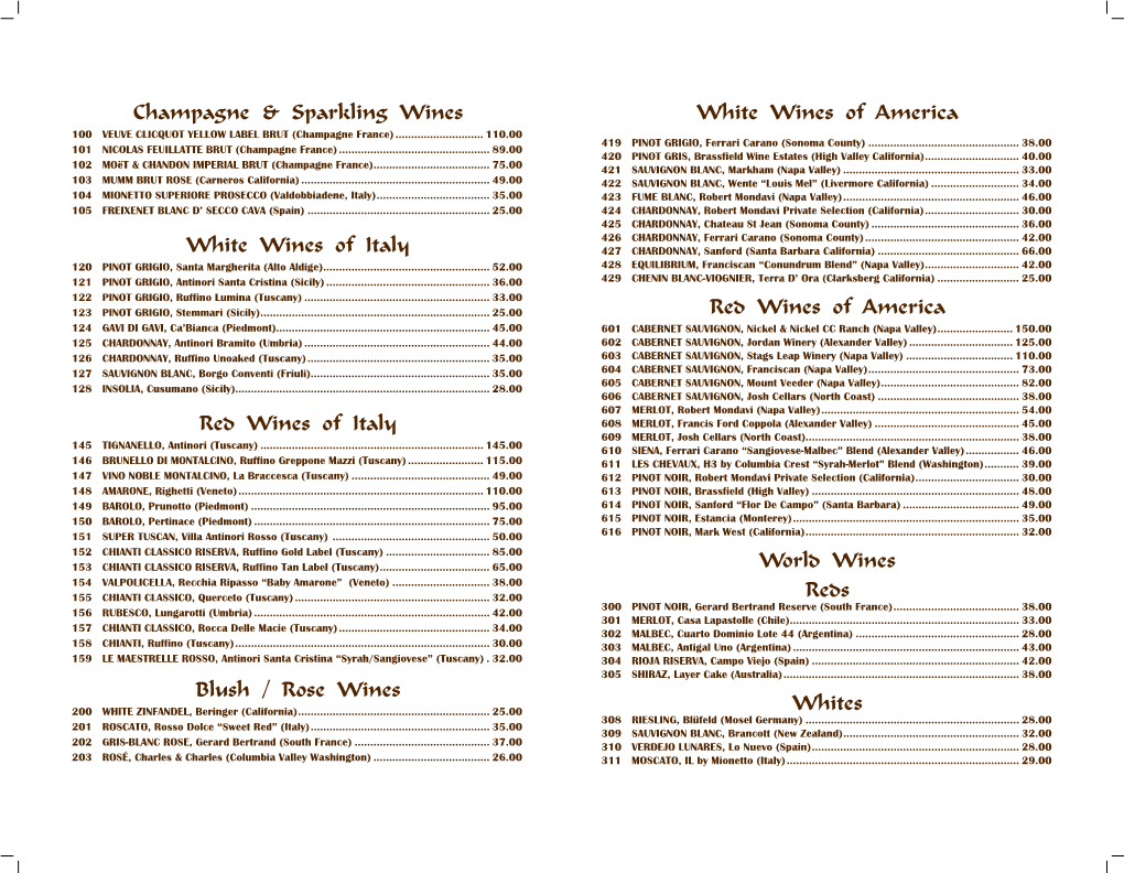 White Wines of America Red Wines of America World Wines