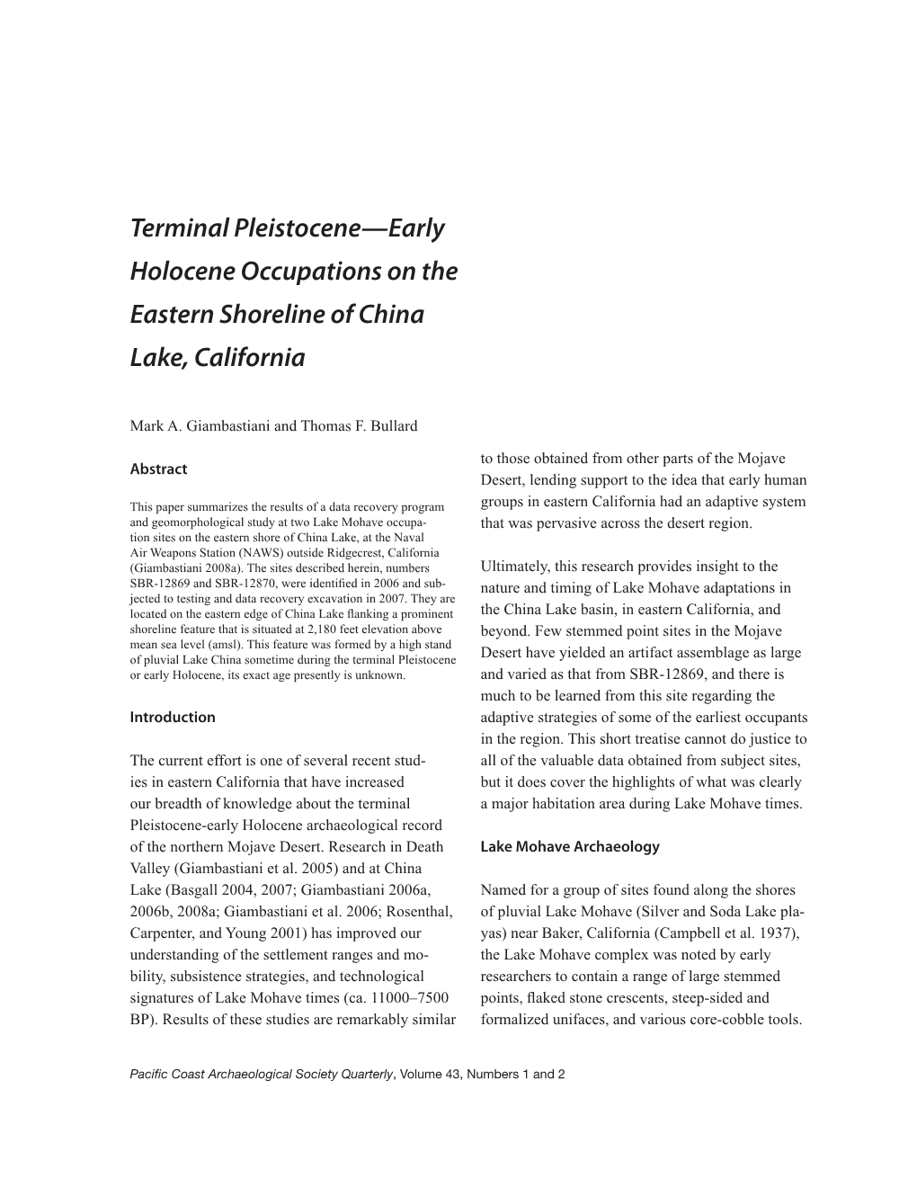 Terminal Pleistocene—Early Holocene Occupations on the Eastern Shoreline of China Lake, California