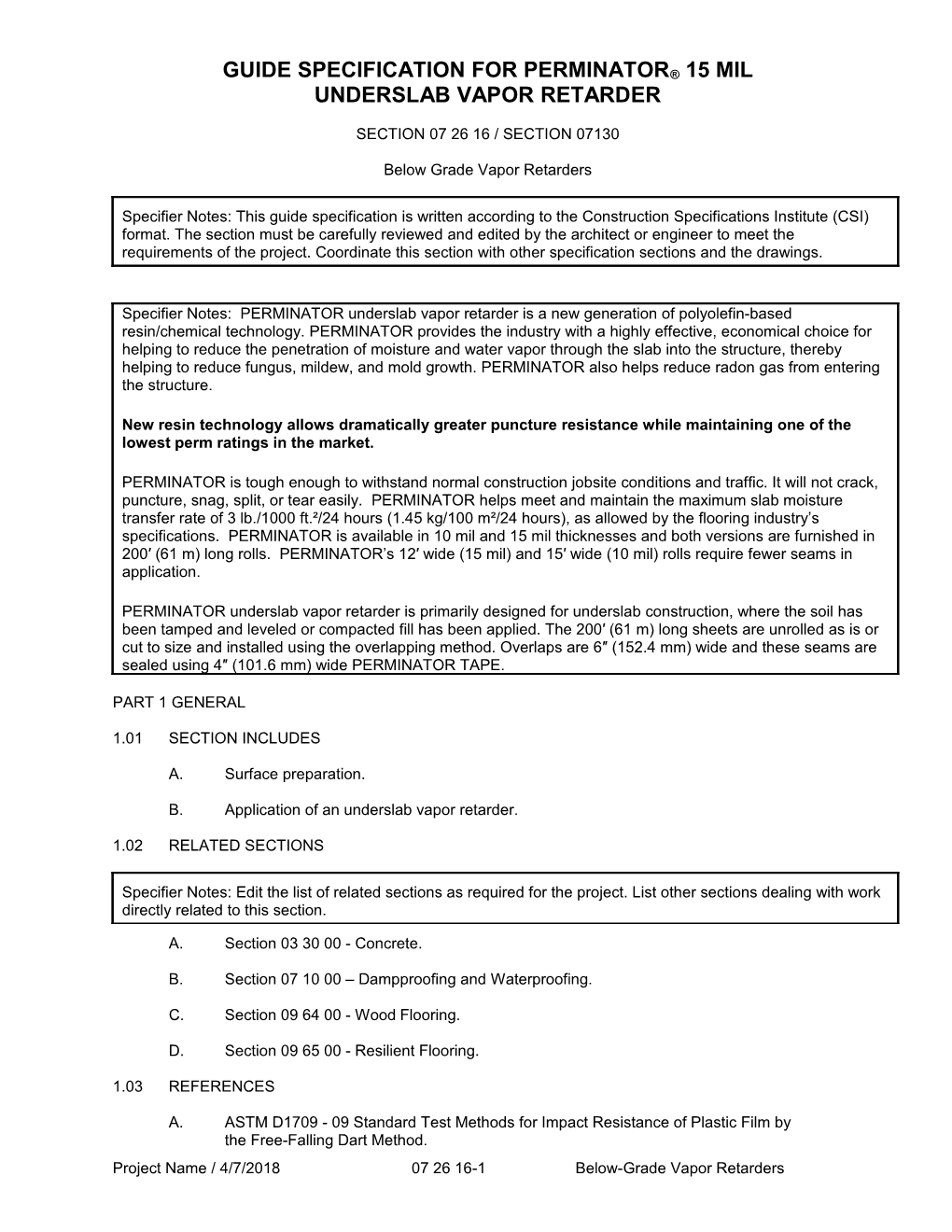 Guide Specification for Perminator 15 Mil