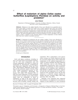 Effect of Melanism of Alpine Colias Nastes Butterflies (Lepidoptera: Pieridae) on Activity and Predation1
