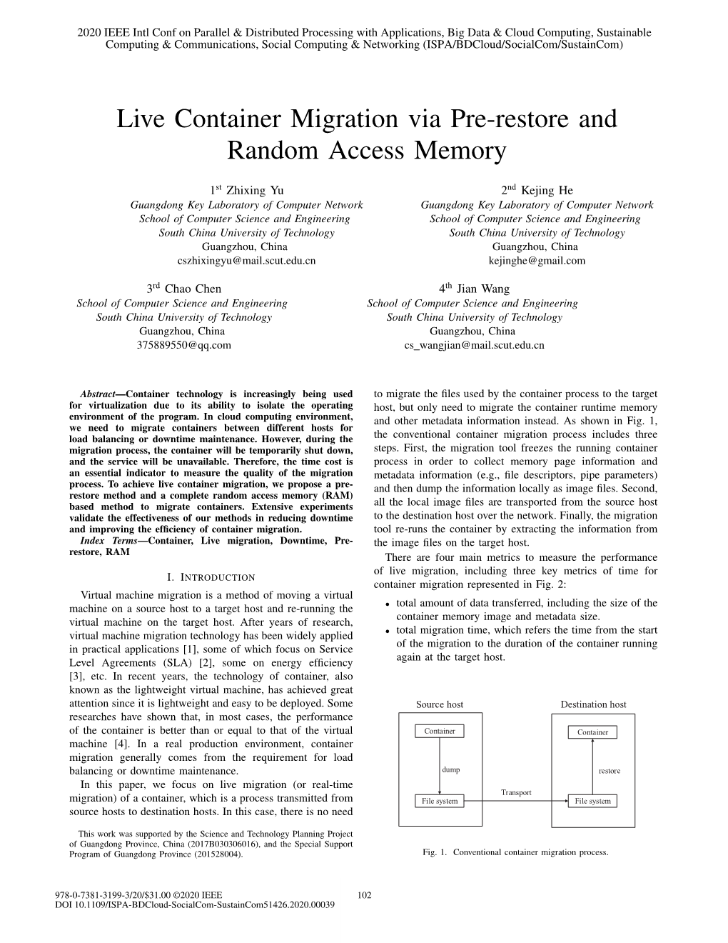 Live Container Migration Via Pre-Restore and Random Access Memory