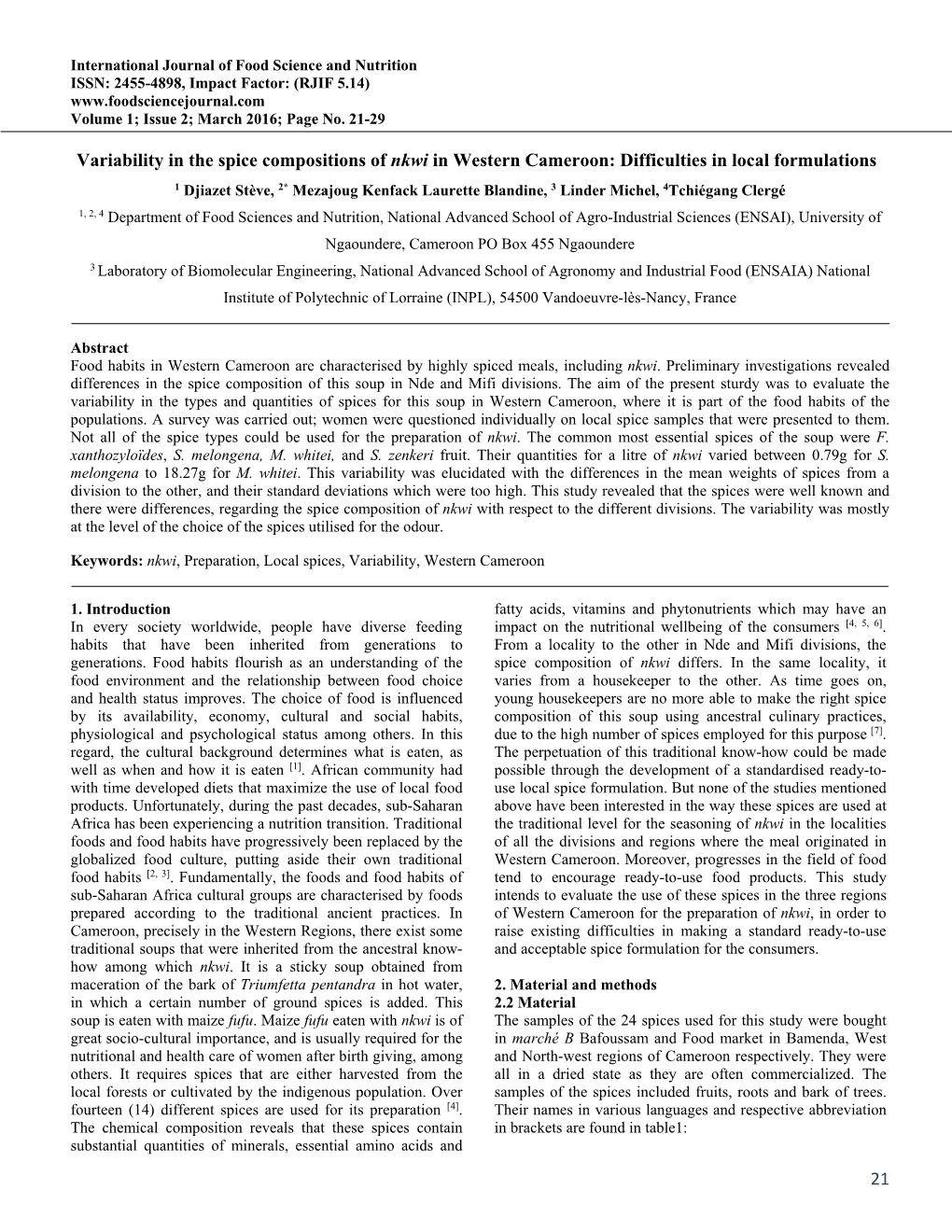 21 Variability in the Spice Compositions of Nkwi in Western Cameroon