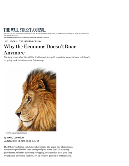 Why the Economy Doesn't Roar Anymore WSJ 101416