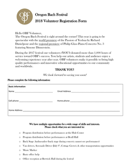 Oregon Bach Festival 2018 Volunteer Registration Form